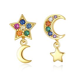 Asymmetric Earrings S925 Silver Star Moon Colored Zircon Dangle Earrings Plated with 18k Gold Women Earrings Wedding Party Jewelry Valentine's Day Birthday Gift SPC
