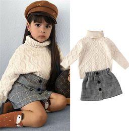 2020 New Fashion Fall Winter Kids Baby Girls Clothes Sets Turtleneck Knit Sweater Tops Plaid Print Mini Skirt Warm Outfit 27Y T4223714