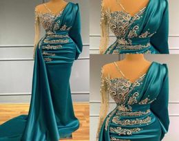 Modest Long Sleeves Satin Mermaid Evening Dresses 2022 Hunter Sheer V Neck Ruched Formal Occasion Wear Gold Appliques Beads Arabic7930831