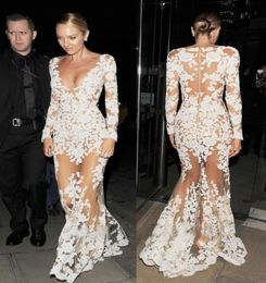 Zuhair Murad 2020 Sheer Lace Evening Dresses Long Sleeves V Neck Appliques Long CANDICE SWANEPOEL Wears Illusion Prom Celebrity Go3123124