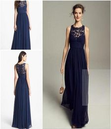 Navy Blue Bridesmaid Dresses New Chiffon Long Floor Length Empire Waist Maid of Honor Jewel Sheer Zipper Lace Back Honor Bridal Go3434838