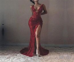 New Dark Red Deep V Neck Prom Dresses Plain Sexy Lace See Through Mermaid Evening Dress Side Split Special Occasion Dresses Party 2592214