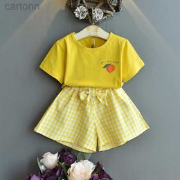 Clothing Sets Girl Set Summer Short-sleeve Printed T-shirt Plaid Skirt Suit Children 2-piece 3-7 Years Sweet Clothes ldd240311