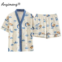 Capris New Summer Fashion Women Pamas Bear Printed Short Pants Cardigan Sleepwear Loose Size Leisure Korean Pijamas for Young Girls