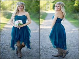 2017 Teal High Low Country Style Bridesmaid Dresses Strapless A Line Vintage Lace Chiffon Maid Of Honor Gowns Formal Party Gowns C8599764