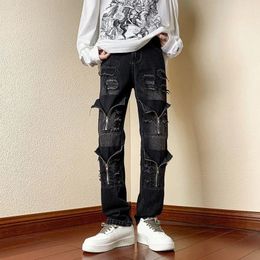 Men's Jeans Straight Leg Casual Pants High Street Cut Denim Trousers Design Zip Up Slacks For Male Trendy Ropa