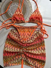 Women Swimsuit Coloured Maple Leaves Knitted Bikini Skirt Three-Piece Set Split Swimsuit Bikini 240311