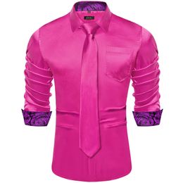 Pink Designer Stretch Satin Shirts for Men Paisley Splicing Contrasting Colors Men Clothing Long Sleeve Mens Social Shirts 240301