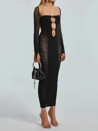 Casual Dresses Women S Mesh Hollow Out Long Maxi Dress Sexy Sqaure Neck Sleeve Bodycon Sheer For Club Party Streetwear