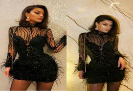 Short Black 2020 Cocktail Dresses Long Sleeve Feather Beading Formal Dress Sexy Custom Made Party Dresses Homecoming Dress6784978