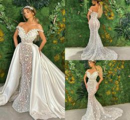 Luxury Mermaid Wedding Dresses With Detachable Skirt Lace 3D Floral Appliqued Country Wedding Dress Satin Custom Made Vestidos De 3943134