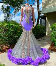 Luxury Purple Feathers Prom Dresses 2022 For Black Girls Sexy Halter Neck Mermiad Gowns For Birthday Party Wear Formal Evening Dre9646130