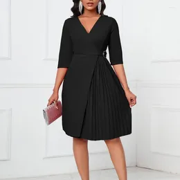 Ethnic Clothing Solid Women Pleated Office Work Dress V Neck Half Sleeve Elegant Slim African Female Business Outfits 2024 Summer Autumn