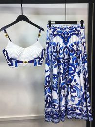 Summer Holiday Blue And White Porcelain Two Piece Set Womens Spaghetti Strap Padded Cup Zipper Print Short TopLong Skirt Suits 240309