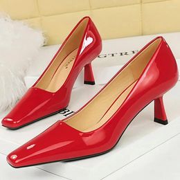 Dress Shoes Korean Version Spring Autumn Fashion Simplicity Patent Leather 6cm High Heels Pumps Stiletto Shallow Square Toe All-match