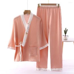 Women's Sleepwear Kimono Pyjamas Spring Summer Women Thin Cotton Lace-up Tops Pants Set Casual Home Costume Suit Breathable Comfortable