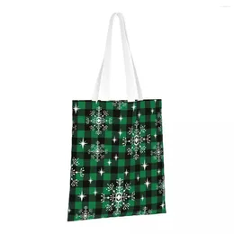 Shopping Bags Christmas Black Green Plaid Reusable Grocery Folding Totes Washable Lightweight Sturdy Polyester Gift