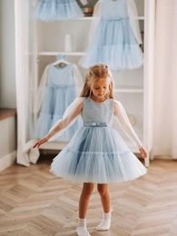 Girl Dresses Flower Sky Blue Tulle Polka Dot Top Bow Belt Long Sleeve For Wedding Birthday Party Pageant First Communion Gowns