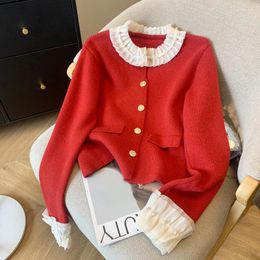 Women's Knits French Sweet Lace Spliced Sweater Small Fragrance Style Outer Layer Cardigan Autumn/Winter O-Neck Long Sleeved Knit Top