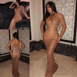 Rose Gold Sequins Mermaid Long Sleeves Evening Dresses Sexy Tassel Backless High Neck Evening Prom Gowns Formal Pageant BC0588239g