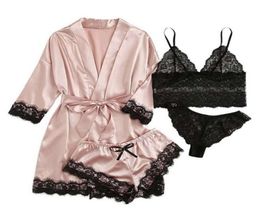 Lace Satin Women Pyjamas Sleep Robe 4pcs Set Fashion Style Home Clothing Suit Ladies Sexy Bra Shorts Underwear4126684