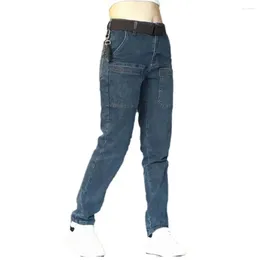 Men's Jeans Men Retro Style Denim Trousers With Multi Pockets Zipper Closure For Mid Waist Straight Fit Ankle Length