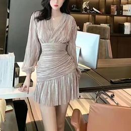 Casual Dresses Women Dress Spring And Summer Ruffled Bright Line V-neck Pleated A Little Transparent