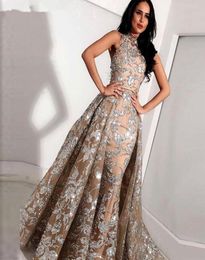 Long Grey Champagne Lace Mermaid High Neck Arabic Prom Dresses kaftan Dubai Formal Evening Gowns with Detachable Skirt6540139