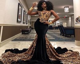 Shinny Gold and Black Mermaid Prom Dresses V Neck South African Black Girls Evening Gowns Plus Size Special Occasion Dress Abendkl6031301