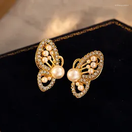 Stud Earrings French Style Pearl Butterfly