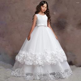 Girl Dresses Flower White Tulle Appliques With Bow Sleeveless For Wedding Birthday Party Banquet Princess Gowns