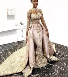 Luxury Designer Mermaid Evening Dresses With Detachable Train Long Sleeves High Neck Prom Satin Lace Appliqued Plus Size Formal Go2649126