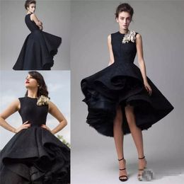 Knee Length Hi-Lo Short Black Cocktail Dresses Cap Sleeve Custom Made Hand Made Flowers Evening Gowns Arabic Prom Party Dress249J