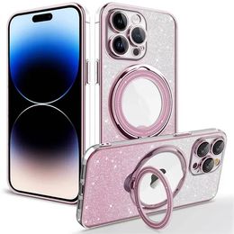 Glitter Transparent Ring Holder Phone Cases 15plus 14 13 12 11 Pro Max Wireless Charge Magnetic Camera Soft Plating bling Cover