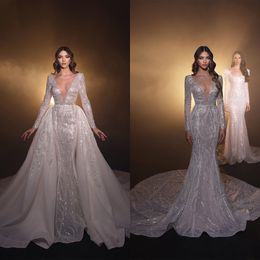 Glitter Sequins Wedding Dress Deep V Neck Mermaid Bridal Gowns with Detachable Train Backless Bride Dresses Sweep Train Custom Made