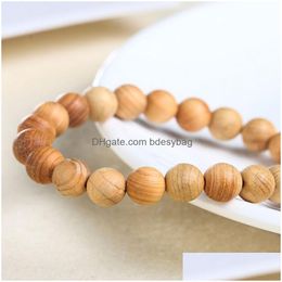 Beaded 8Mm Natural Wooden Handmade Strands Charm Bracelets Yoga Elastic Bangle Jewellery For Women Men Lover Drop Delivery Dhuxs