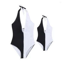 Women's Swimwear One Piece Mother And Daughter Family Matching Bodysuits Black White Patchwork Mum Girl Bathing Suit V-Neck Kid Swimsuits