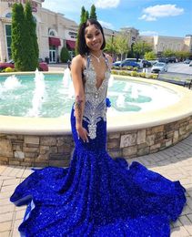 Royal Glitter Blue Sequin Mermaid Prom Dresses Sexy Halter Neck For Black Girls Tail Birthday Party Gowns African Robe De Bal