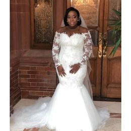 Off Shoulder Long Sleeves Plus Size Bridal Gown Sweep Train Trumpet Beaded African Vestidos De Novia Amazing Mermaid Lace Wedding 261N