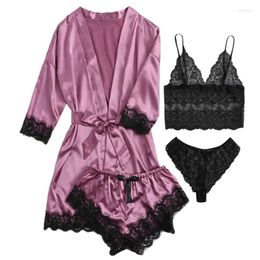 Women's Sleepwear Hirigin 4 Piece Pyjama Set V Neck Cami Tops Lace Trim Shorts Belted Robe Thong Sets Nightwear