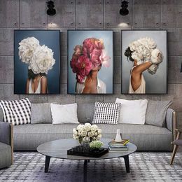 Flowers Feathers Woman Abstract Canvas Painting Wall Art Print Poster Picture Decorative Painting Living Room Home Decoration2642