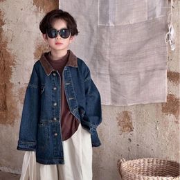 Jackets 2024 Spring Boys And Girls Mid Length Trench Jacket Kids Contrast Color Turn-down Collar Denim Coat