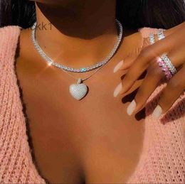 Iced Out Bling Women Jewelry Micro Pave 5a Cz Cubic Zirconia Big Heart Pendant Tennis Chain Sparking Necklace 5110