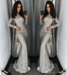 Luxury Silver Beading Mermaid Prom Dresses Sexy Long Sleeves Mermaid Celebrity Red Carpet Dress Glamorous Sequins Beaded Evening G9038199