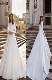 Modern Satin A Line Wedding Dresses With Long Sleeves Elegant Jewel Neck Fashion Muslim Bridal Gowns Lace Appliqued Boho Garden Br8677427