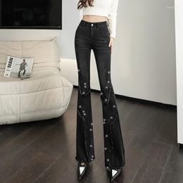 Womens Jeans Luxury Rhinestones Flare For Women 2024 Black Skinny Vintage Tassel Patchwork Boot-Cut Denim Trousers Mujer Fashion Pants