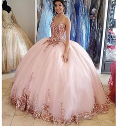 Pink Quinceanera Dresses 2021 with Sparkly Rose Gold Sequins Sweetheart Neckline Custom Made Princess Sweet 16 Pageant Ball Gown F3935010