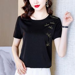 Women's Blouses Cotton Patchwork Black T-shirt Loose Short Sleeve Embroidered O Neck Top Tees