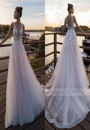 Blush Pink Beach Wedding Dresses V Neck Lace Appliqued Boho Tulle A Line Bridal Gown Sleeveless Vestidos de Novia2695239