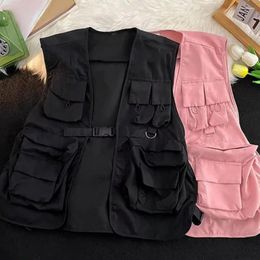 Men's Vests Men Warm Vest Coat Hop Style Unisex Cargo With Multi Pockets Buckle Closure For Women Streetwear Fashionistas